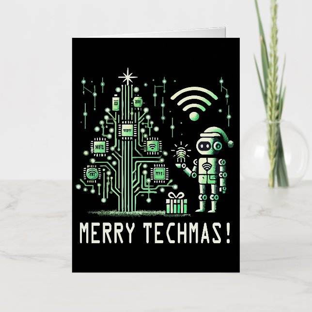 AI Robot with Tech Christmas Tree – Merry Techmas Foil Greeting Card (Front)