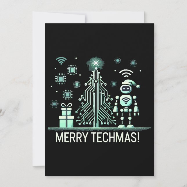 AI Robot with Tech Christmas Tree – Merry Techmas Invitation (Front)