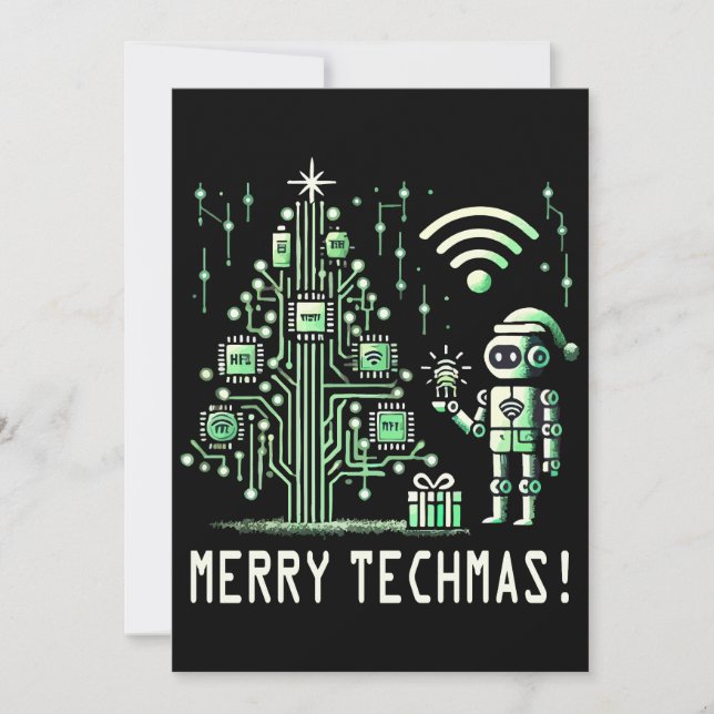 AI Robot with Tech Christmas Tree – Merry Techmas Invitation (Front)