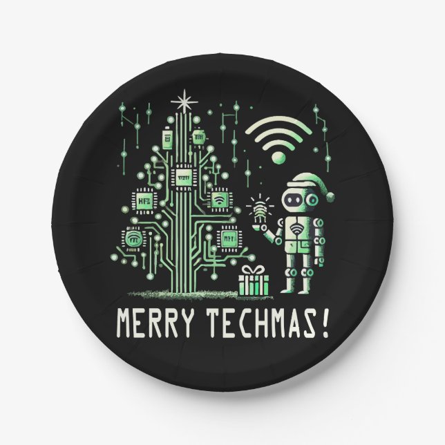 AI Robot with Tech Christmas Tree – Merry Techmas Paper Plates (Front)