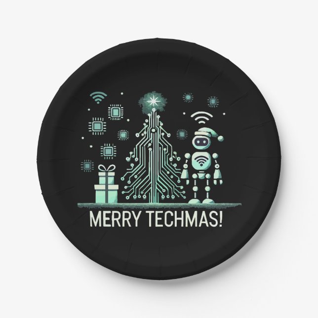 AI Robot with Tech Christmas Tree – Merry Techmas Paper Plates (Front)
