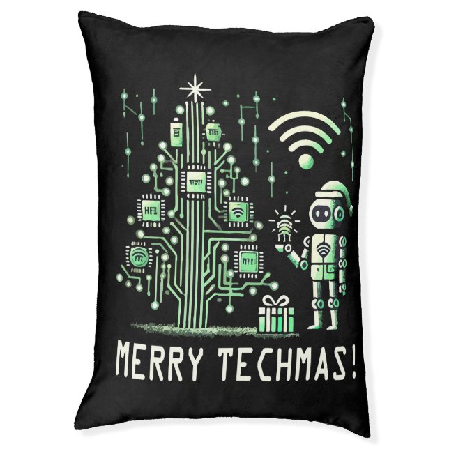AI Robot with Tech Christmas Tree – Merry Techmas Pet Bed (Front Vertical)