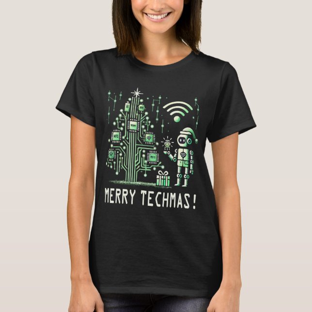AI Robot with Tech Christmas Tree – Merry Techmas T-Shirt (Front)