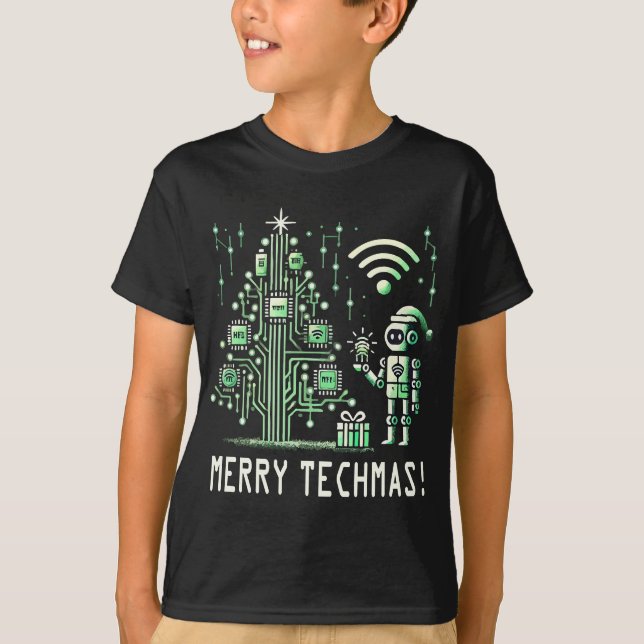 AI Robot with Tech Christmas Tree – Merry Techmas T-Shirt (Front)