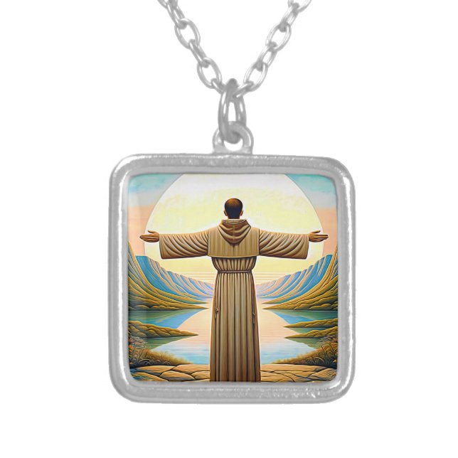 AI Saint Francis of Assisi as a Franciscan Tau 2 Silver Plated Necklace (Front)