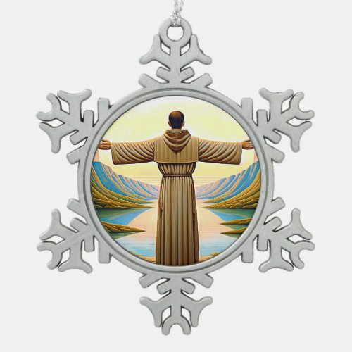 AI Saint Francis of Assisi as a Franciscan Tau 2 Snowflake Pewter Christmas Ornament