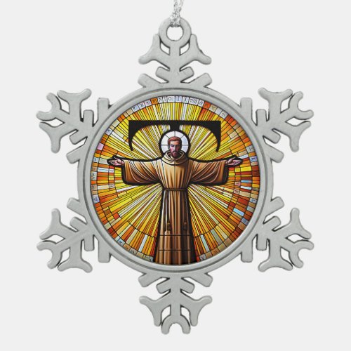 AI Saint Francis of Assisi as a Franciscan Tau 3 Snowflake Pewter Christmas Ornament