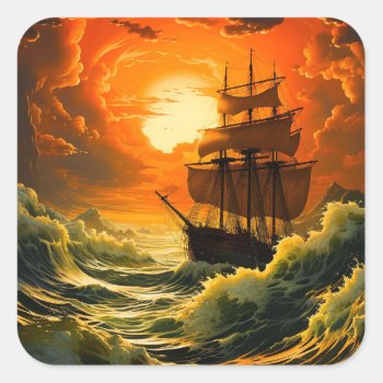 Ai Ship At Sunset Square Sticker by MarblesPictures at Zazzle