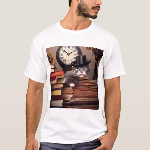 AI steampunk cat in a hat with books  T_Shirt