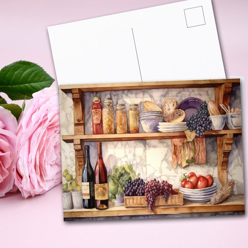 AI Vintage Country Kitchen Shelves Wine  Grapes Postcard