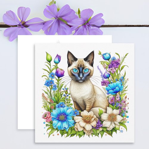 Ai Watercolor Siamese Cat in Flowers 