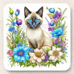 Ai Watercolor Siamese Cat in Flowers Beverage Coaster