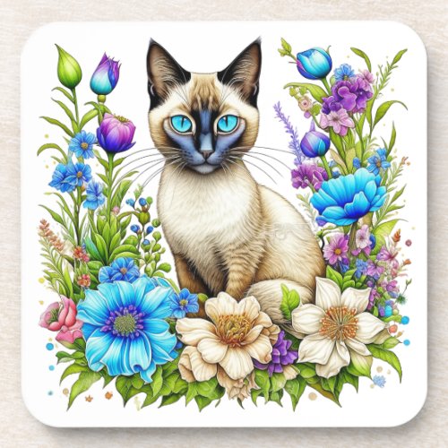 Ai Watercolor Siamese Cat in Flowers Beverage Coaster