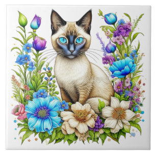 Ai Watercolor Siamese Cat in Flowers Ceramic Tile