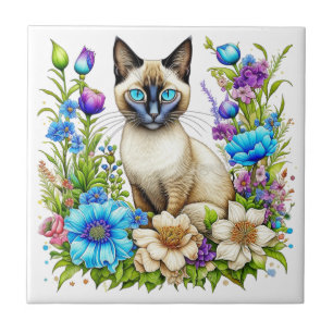 Ai Watercolor Siamese Cat in Flowers Ceramic Tile
