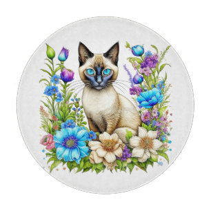 Ai Watercolor Siamese Cat in Flowers Cutting Board