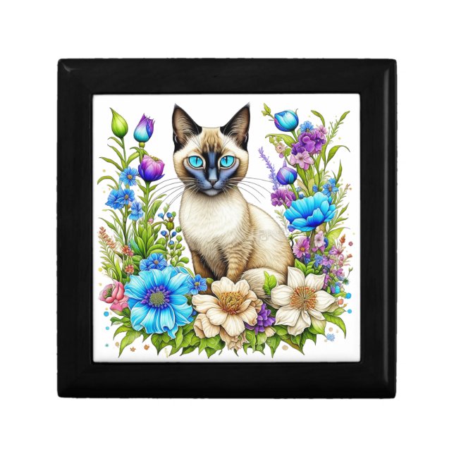 Ai Watercolor Siamese Cat in Flowers Gift Box (Front)