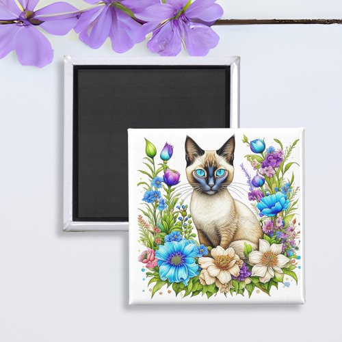 Ai Watercolor Siamese Cat in Flowers  Magnet
