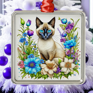 Ai Watercolor Siamese Cat in Flowers Metal Ornament