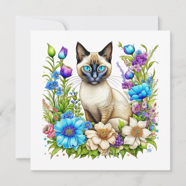 Ai Watercolor Siamese Cat in Flowers Note Card (Front)
