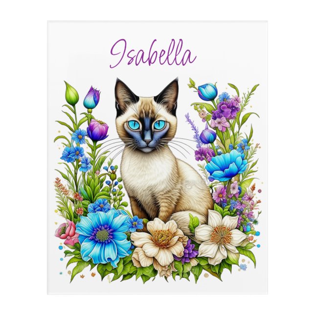 Ai Watercolor Siamese Cat in Flowers Personalized Acrylic Print (Front)