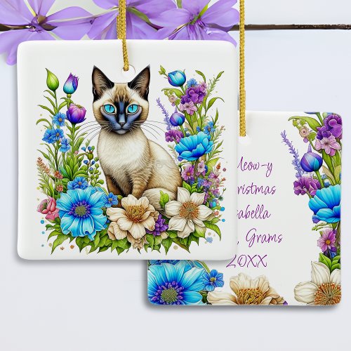 Ai Watercolor Siamese Cat in Flowers Personalized Ceramic Ornament