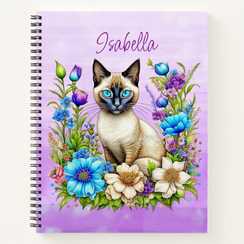 Ai Watercolor Siamese Cat in Flowers Personalized Notebook