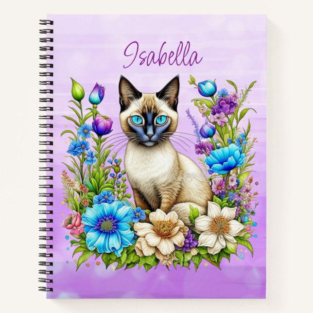 Ai Watercolor Siamese Cat in Flowers Personalized Notebook (Front)