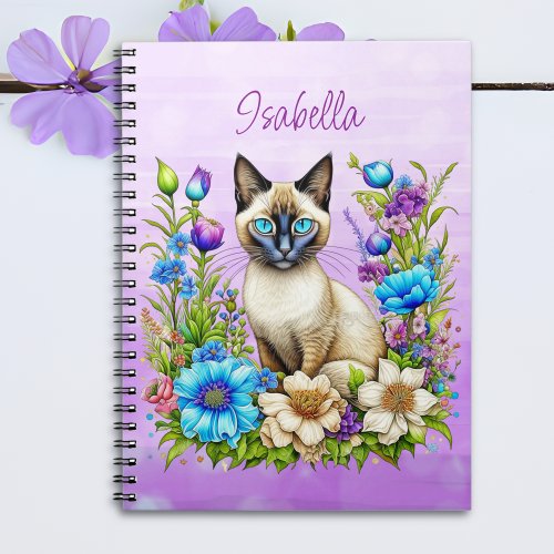 Ai Watercolor Siamese Cat in Flowers Personalized Notebook