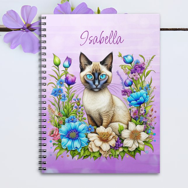 Ai Watercolor Siamese Cat in Flowers Personalized Notebook (Creator Uploaded)