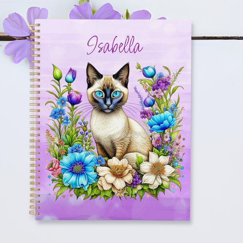 Ai Watercolor Siamese Cat in Flowers Personalized Planner