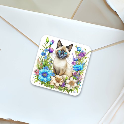 Ai Watercolor Siamese Cat in Flowers Square Sticker