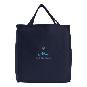 Aidan Name With Gaelic Meaning Navy Embroidered Tote Bag