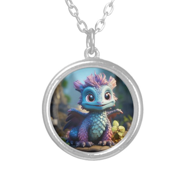 Aiden, a Whimsical Dragon  Silver Plated Necklace (Front)