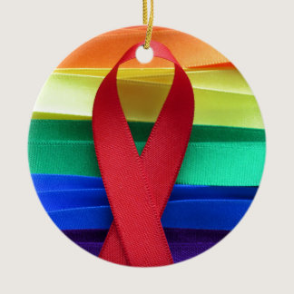 AIDS awareness red ribbon on gay flag Ceramic Ornament