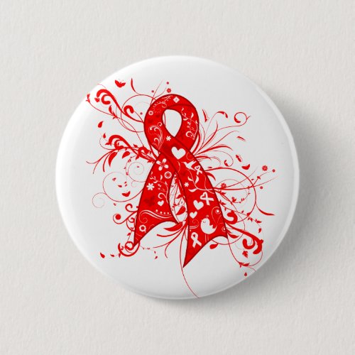 AIDS HIV Floral Swirls Ribbon Pinback Button