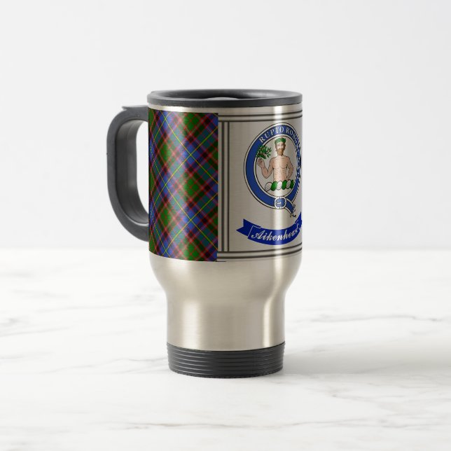 Aikenhead Clan Badge & Tartan Personalized Travel Mug (Front Left)