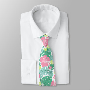 Ailani Hawaiian Hibiscus Tropical - Pink and Mint Neck Tie