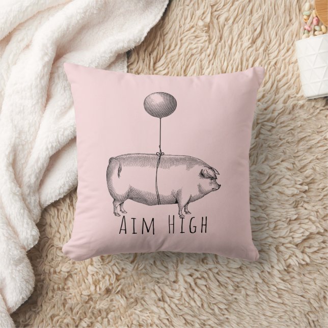 Aim High Cute Pig and Balloon Inspirational Throw Pillow (Blanket)