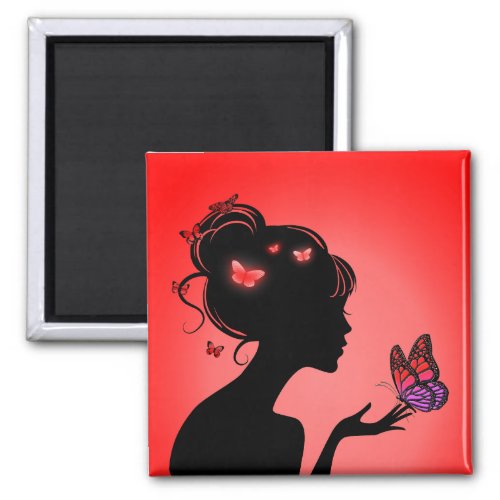 Aimant La femme papillons rouges Magnet