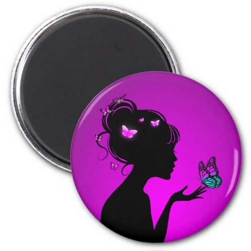 Aimant La femme papillons violets Magnet