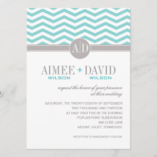 Aimee Chic Chevron Monogram teal Wedding Invitation