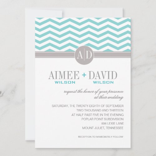Aimee Chic Chevron Monogram  teal Wedding Invitation