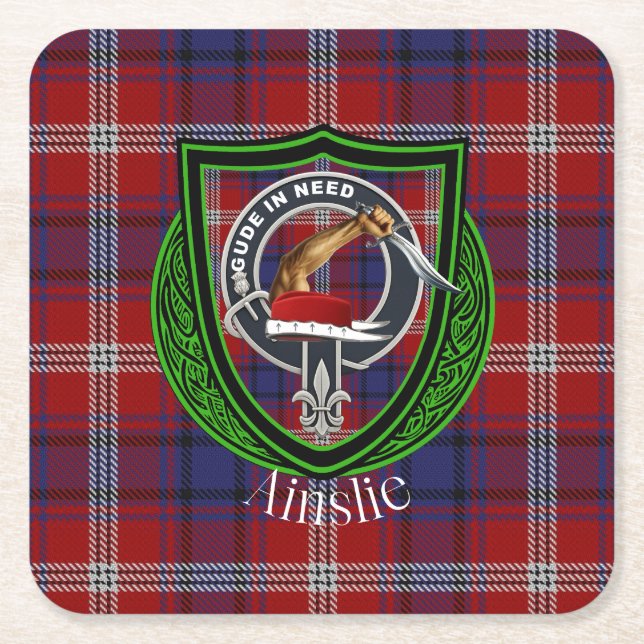 Ainslie Scottish Clan Tartan & Crest Square Paper Coaster (Front)