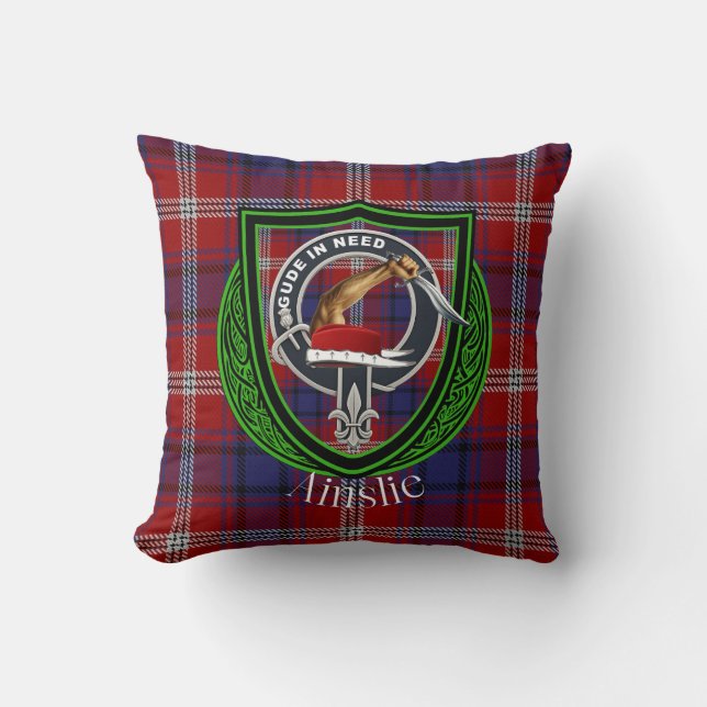 Ainslie Scottish Clan Tartan & Crest Throw Pillow (Front)