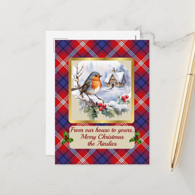Ainslie Tartan w/Robin Personalized   Holiday Postcard (Front/Back In Situ)