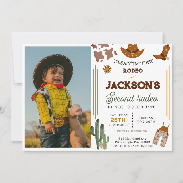 Ain't My First Rodeo Cowboy photo 2nd Birthday Invitation (Front)
