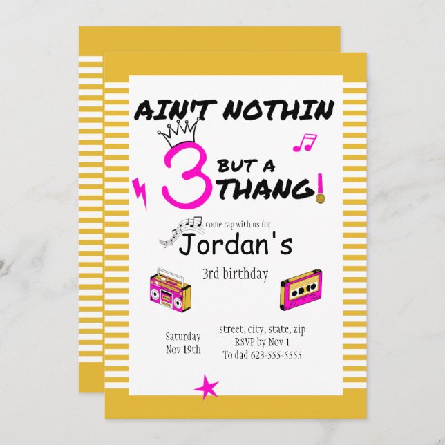 Ain't Nothin But A 3 Thang Invitation Pink (Front/Back)