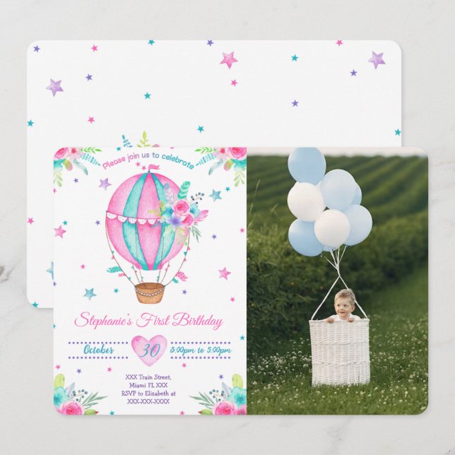 Air Ballon Birthday Photo Invitations (Front/Back)