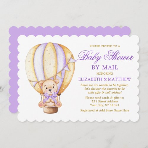 Air Balloon Bear Purple Gold Baby Shower by Mail Invitation